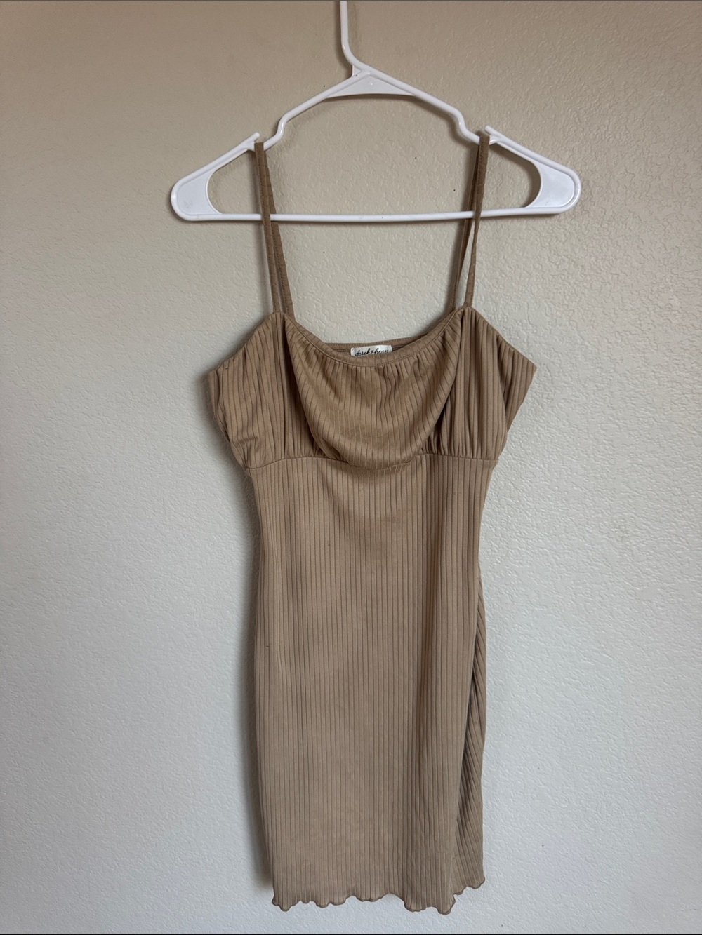 Beige Ribbed Spaghetti-Strap Dress